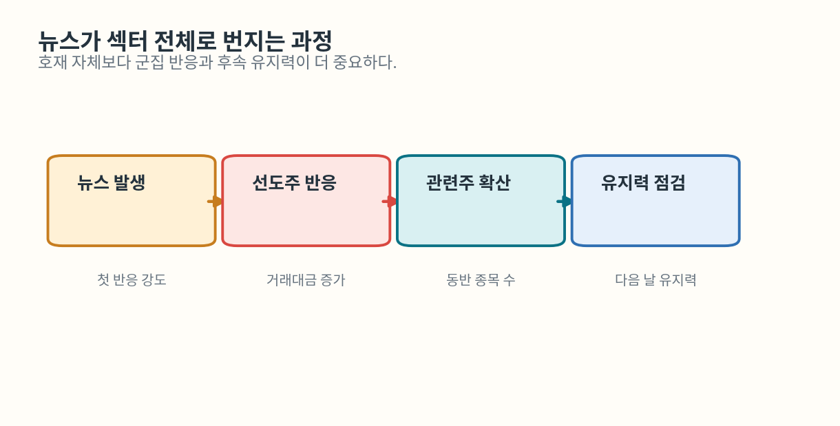 뉴스가 선도주 반응에서 섹터 전체 확산으로 이어지는 과정을 설명한 도식